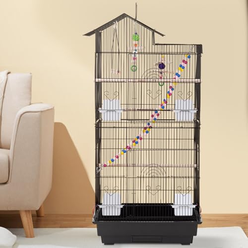 FDW 39 Inch Bird Cage Parakeet Cage with Play Top Rolling Stand & Easy Clean Pull-Out Tray Roof Top Parrot Cage for for Finches Canaries Parakeets Cockatiels & Other Small Birds, Black - color: Black