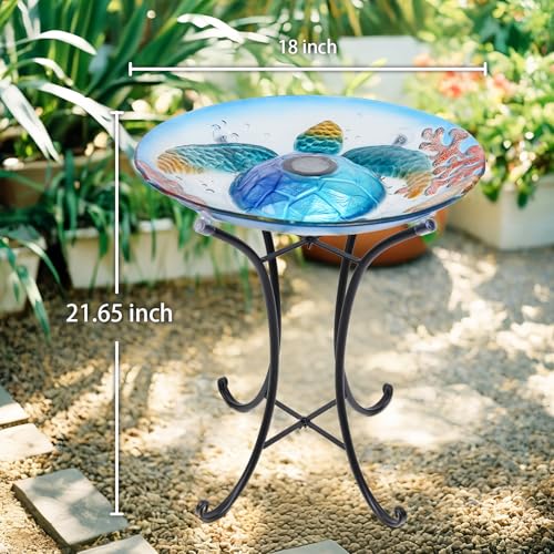 MUMTOP Outdoor Bird Bath Solar Glass Birdbath with Metal Stand Garden Decor | 18" Diameter 21.65" Height Solar Turtle Bird Baths for Lawn Yard Garden Decor, Solar Large Glass BirdBaths Bird Feeder - color: Blue
