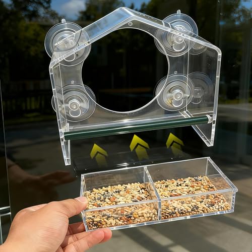 Window Bird Feeder with Non-Marking Self-Adhesive Hooks, 2 pcs Clear and Transparent, Outdoor Wild Bird Watching Gift for Finches, Cardinals (1 Large+1small Acrylic) - color: Off-white