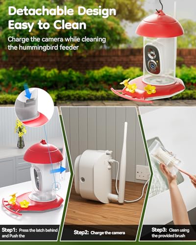Solar Hummingbird Feeder with Camera, 2K Live Video Smart AI | 2K live video smart bird camera, AI species identification, Ant & bee proof, 3 feeding ports, Ideal gift for bird lovers