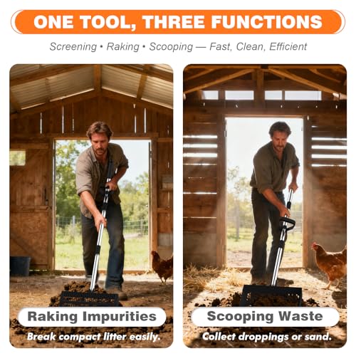 12 Inch Chicken Poop Scooper & Rake, 2-in-1 Stainless Steel Chicken Coop Scoop with Adjustable Handle, Litter Sifting Shovel Cleaning Tools for Chicken Coops, Yard Cleaning, Black[2026 Upgraded]
