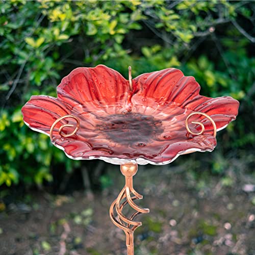 Glass Birdbath Birdfeeder with Metal Stake Garden Yard Outdoor Red | 31inch height stain glass bird bath for outside,red flower bird bath bowl,attract wild birds and beautify outdoor gardens - color: Red