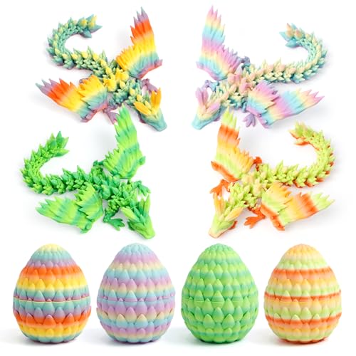 4 Pack 3D Printed Dragon Egg - Small Scale Egg with Winged Dragon Inside, Surprise 3D Printed Gift Toy, Desk Executive Pet, Figurine Decor - color: Rainbow Series