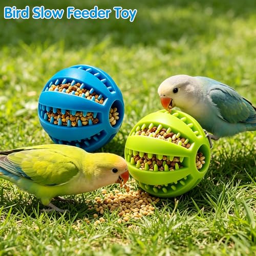 2Pcs Parrot Foraging Toys Bird Chew Balls, Interactive Feeder Treat Dispenser for Small Medium Birds Conure Parakeet Cockatiel, Long-Lasting Plastic Hanging Bell (Green & Blue)