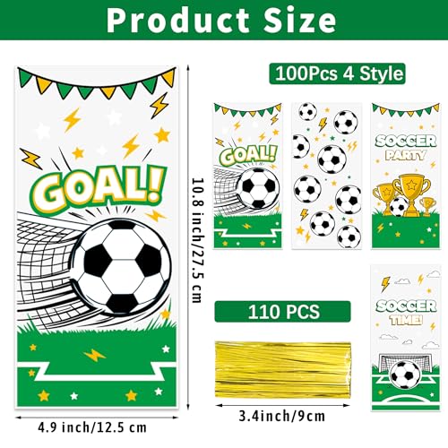 100PCS Soccer Cellophane Treat Bags - Clear Plastic Goodie Bags with 110 Gold Twist Ties - Soccer Party Favor Bags for Candy, Snacks, Game Day, Sports Events, Football Theme Parties & School Activities - color: Soccer-100pcs