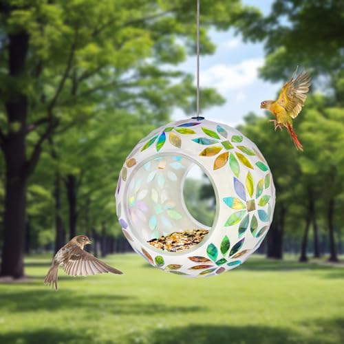 Hanging Bird Feeders for Outdoor Glass Mosaic Fly Through Wild Bird Feeder Round Shape Birdfeeder for Outside Garden Yard Patio Decoration Yellow - color: Yellow