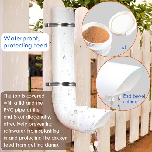 Kalakey Automatic Chicken Feeder, Hanging PVC Tube Chicken Coop Feeder with Chew Toy Bell, Holds 6lbs Feed for Hens Chicks, Grit and Oyster Shell Feeder