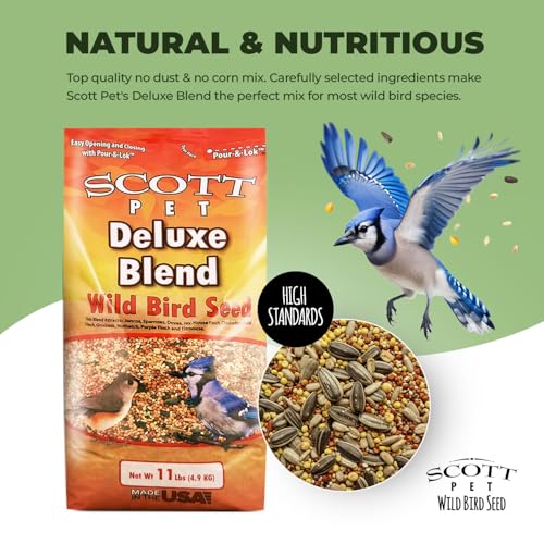 Scott Pet Wild Bird Seed, Deluxe Blend, 11lb, High Protein & Fiber | No dust. Attracts Juncos, Jays, Finches, Grosbeaks, Nuthatches & Titmice. All feeders.