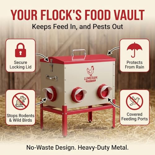 30 LB Large Automatic Chicken Feeder with No-Waste Ports – Outdoor Metal Chicken Feeders with Adjustable Stand, Rodent-Resistant Design & Riveted Handles for Chickens, Ducks & Poultry