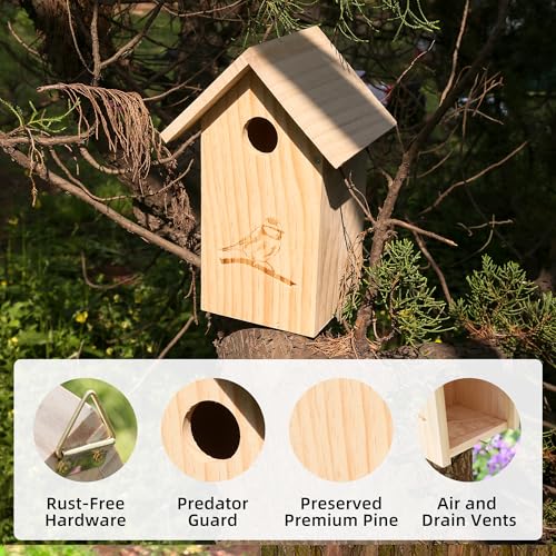 Wooden Bird Houses for Outside Hanging, Decorative Outdoor Clearence Birdhouse for Bluebird, Wren, Chickadee, Natural Wood & Colorful Roof, Ventilation