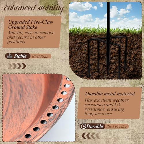 Outdoor Standing Bird Bath with 2 Feeder Bowls, 12 Inch Deep Basin for Wild Birds, Weatherproof Metal Birdbath with Upgraded 5-Prong Stake Base