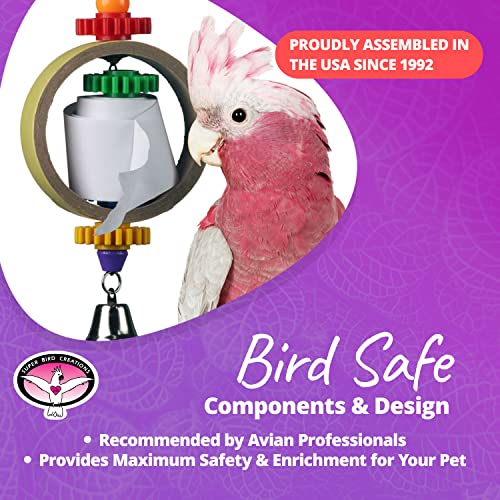 Super Bird Creations SB628 Tape Dispenser Bird Toy - Cardboard Bagel with Machine Paper, Chewable & Shredding Components, Sensory Bell, African Greys Parrots Small Cockatoos, Large Bird Size 14"x5"