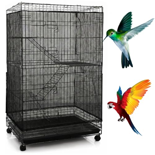 Trinkrittey Large Bird Cage Seed Cather, Black Bird Cage Cover Universal Nylon Birdcage Net Elastic Band Skirt Seed Guard for Parrot Parakeet Macaw(118 x 31.5in/300 x 80cm)