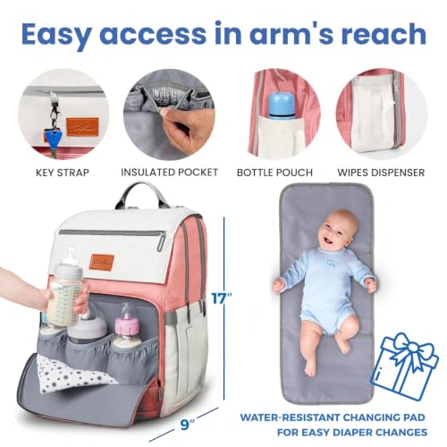 Baby Diaper Bag Backpack - Toddler Backpack - Baby Bag for Girls & Boys, Large Waterproof Diaper Backpack - Diaper Bags with Changing Pad, Best Baby Shower Gifts - Stylish Pink Cute Diaper Bag - color: Q. Pink Off White, style: Classic