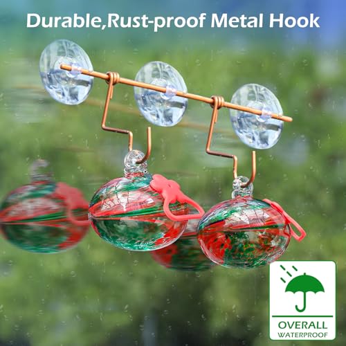 Pozfun Set of 2 Hummingbird Feeders for Outdoors Hanging,Hand-Blown Glass Hummingbird Feeder with Silicone Feeding Perch,Never Leak,Gardening Gifts for Woman Man - color: Phoenix Tail Red