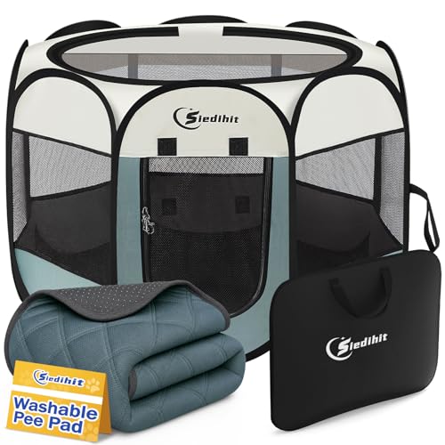 Siedihit Dog Pet Playpen Tent Crate Cage with Washable Pee Pad, Medium Grey | Nursing Rest Zone Recovering Pet Quarantine Room Portable Pop Up Easy to Set up lightweight Carrying Bag Wide applicability - color: Grey with Pad