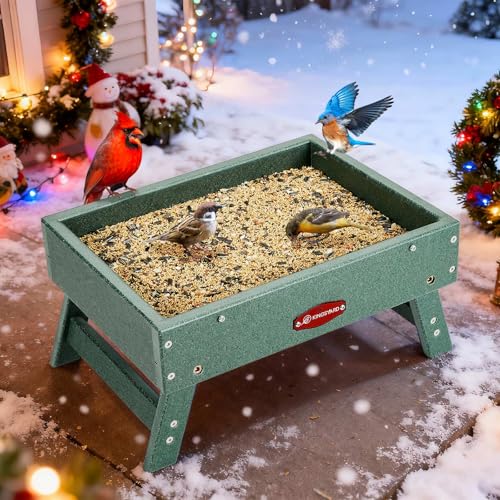 Kingsyard Ground Bird Feeder, Elevated Tray with Recycled Poly Lumber | Metal Mesh Base, Quick Drainage, Foldable Legs for Easy Storage, 5 Lbs Seed Capacity, Weather Resistant, Easy to Clean, Green - color: Green