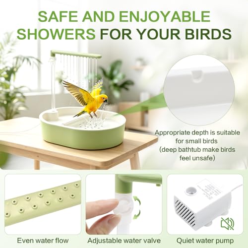 Automatic Bird Bath with Quiet Pump,Parakeet Bird Bathtub for Cage with Adjustable Shower Head & Water Flow Valve,Large Bird Baths Detachable for Easier Cleaning,BPA-Free