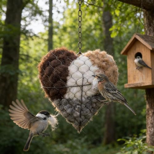 Handmade Alpaca Fiber Bird Nesting Heart, Heart-Shaped Hummingbird nest that can be Filled with Nesting Material, Winter Tree Shelter for Wild Bird, Bird's Nest Material Storage Box