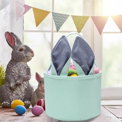 Easter Basket Easter Egg Hunting Basket Easter Bunny Basket Candy Egg Basket Gift Buckets Seersucker Egg Basket Bags for,Personalized Bags - color: B-Mint