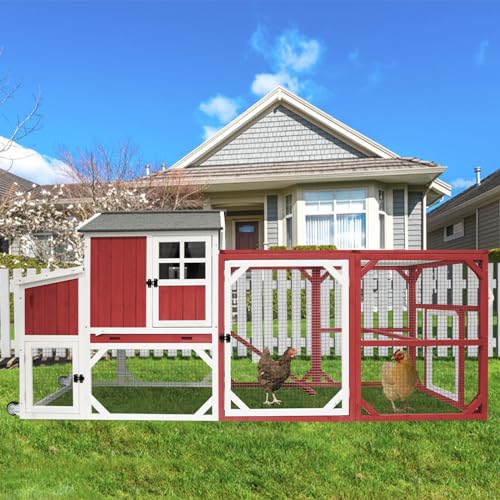 PetsCosset 95.3" Mobile Chicken Coop Tractor Hen House with Nesting Box,Backyard Chicken Coops Chicken House,2 Story Wooden Indoor Outdoor Poultry Cage for 3-5 Chicken with 6 Access,Pull-Out Tray(RED) - size: 95.3" L - Red