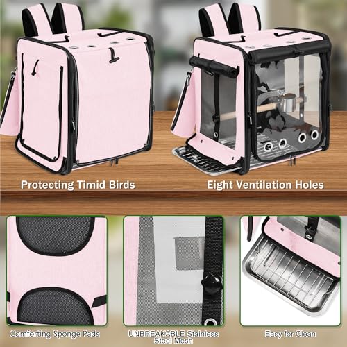 Bird Carrier with Seat Belt for Car Travel, Bird Backpack Carrier with Indestructible Stainless Steel Mesh, Large Bird Carrier Travel Cage, Pink - color: Pink, size: 13.5"L x 10.0"W x 15.5"H