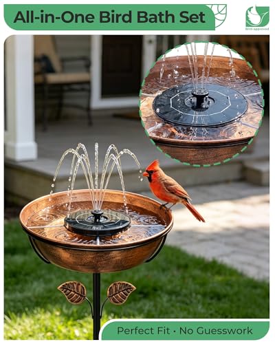 13" Metal Bird Bath with Solar Fountain, Battery & LED | 6.3" Fountain, 4 Fixed Rods, 5 Spray Patterns, 3" Deep Bowl, 1.4 Gallon Capacity, 5-Prong Stake for Flowing Water Feature