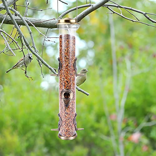 Metal Bird Feeder Tube Hanging Wild Bird Seed Feeder Aluminum Six Port Bird Feeders,1.4 mm Extra Thick Solid Tube Transparent with Steel Hanger Great for Attracting Birds (Bronze 2PK) - color: Bronze 2PK