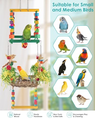 DBNESS Bird Hammock Toys Parakeet Perches Swing, 3in1 Detachable Parrot Cage Accessories, Wooden Hanging Chew Toys for Medium Conure Cockatiel Quaker Lory