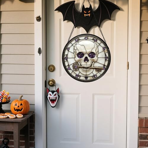 Stained Glass Window Hanging - Halloween Scary Skull Suncatcher for Doors Garden Home Spooky Purple Skeleton Key Sun Catchers Gothic Decor Horror Gifts for Women Men Friend Boy Girl 7.8 in - color: Purple and White, size: 7.8x7.8 IN