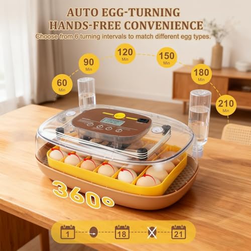 Series III - 24 Egg Incubator for Hobbyists, Full-Stage Adaptive Humidity (Dual-Bottle) & Temp Control, Custom-Interval Auto Turn & Auto Stop, Preset Incubation Days, Adjustable Egg Spacing - size: 24-Egg Brown