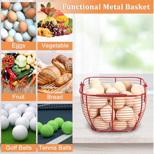 2 PCS 7" Red Wire Egg Baskets With Handle Kitchen Countertop Egg Holder | Small Metal Collecting Basket for Gathering Fresh Eggs, Chicken and Duck Eggs Hunting Basket & Counter Storage Basket - color: Red