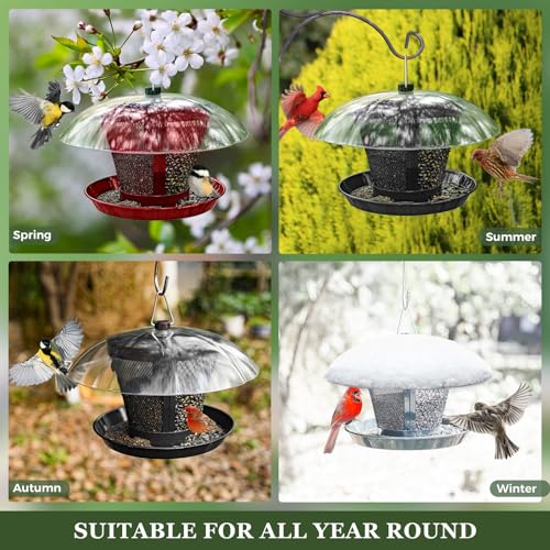 Kingsyard Rain-Resistant Metal Mesh Bird Feeder for Outdoor Hanging | Large Clear Dome, Top-Fill Design, Weather-Resistant Metal, Dual Mesh for Different Seeds, Easy to Clean - color: Red