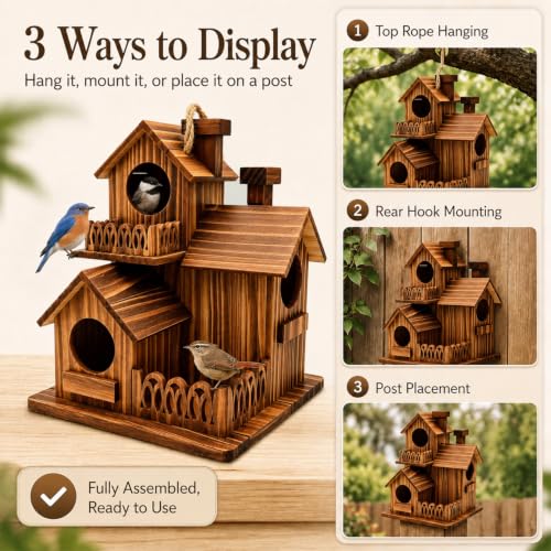 Wooden Bird Houses for Outside, 3 Compartments Villa Hanging Birdhouse, Carbonized Pine Nesting Box for Bluebird Wren Finch Backyard Garden Decor
