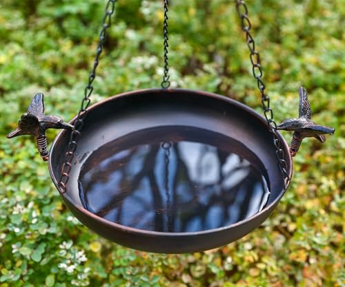 Hanging Bird Bath Feeder for Outdoor 23" H | Metal Birdbath with Cast Iron Bird Decor, Vintage Tray for Garden Yard Patio, Brown - color: Brown