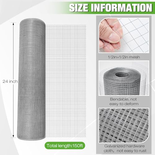 Tatuo Hardware Cloth 1/2 Inch 24in x 150ft Hot Dip Galvanized After Welded Cage Mesh Rolls 21 Gauge Metal Chicken Wire Roll Wire Fencing Poultry Netting for Raised Garden Rodent Animals - color: Silver, size: 24in X 150ft