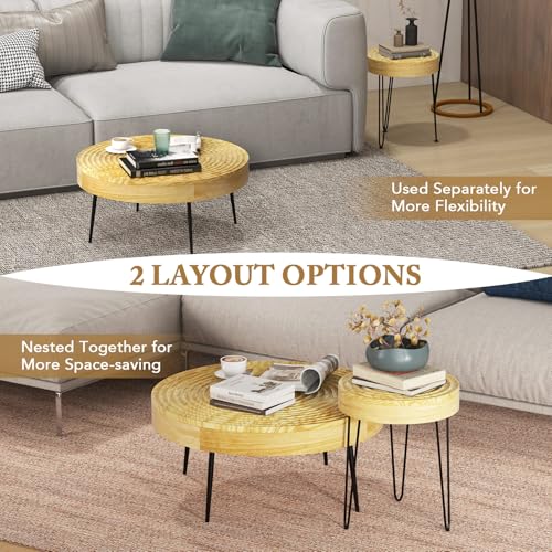 COSTWAY Farmhouse Round Coffee Table Set of 2, Rustic Sofa Side Tea Tables w/Wood Finish, Metal Frame, Adjustable Foot Pads, Nesting End Table Set for Living Room, Bedroom (Ring Pattern, Natural) - color: Natural, style: Ring Pattern