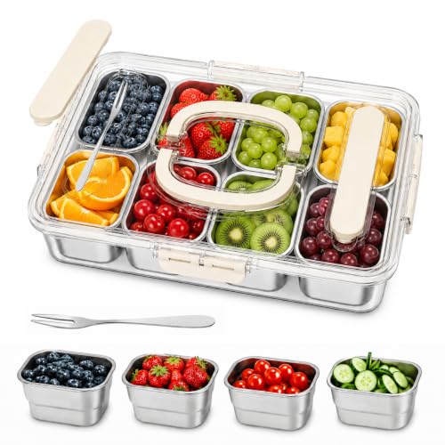 Snackle Box Container, Stainless Steel Divided Serving Tray with Lid, Handle and Forks - color: 8 pack