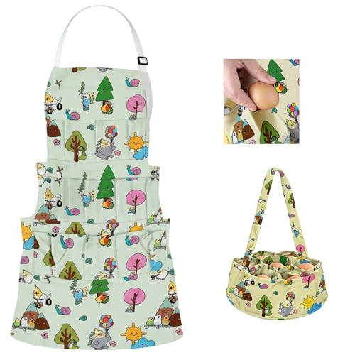 2 Pcs Egg Collecting Apron Chicken Gathering Basket with 7 Pouches Fresh Egg Holding Apron with 11 Pockets - color: White Cartoon