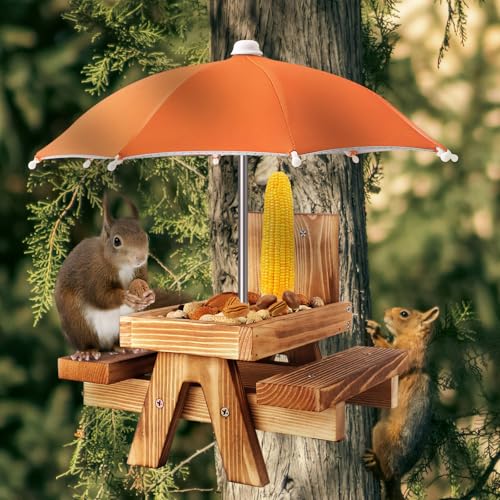 Gnodary Squirrel Feeder with Umbrella, Squirrel Feeders for Outside, Squirrel Picnic Table Feeder - Chipmunk Feeder Hold Corn, Corn Cob, Peanuts (Orange) - color: Orange
