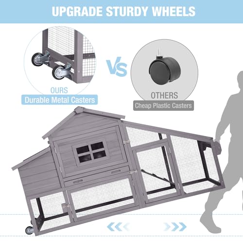 Mobile Chicken Coop with Wheels, Large Wooden Hen House with Run, Chicken Tractor with Waterproof Roof, Nesting Box & Pull-Out Tray, Outdoor Poultry Cage for Backyard Chickens/Rabbits (Grey) - color: Grey