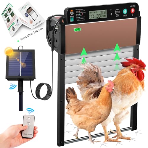 Automatic Chicken Coop Door Solar Powered, Anti-Trap Chicken Door with LCD Screen, Light Sensor, Timer, Remote Control, Anti-Pinch Design,for Chicken, Duck, Goose Farms