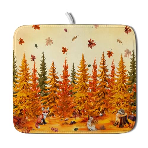 Autumn Drying Matt Kitchen Counter Small Absorbent Coffee Mat Fall Forest Microfiber Drying Mat for Holiday Decor - color: Autumn Forest Yellow, size: 18" x 16"