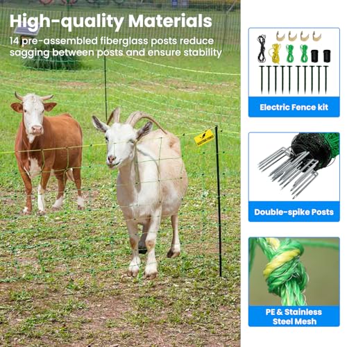 Electric Fence Netting, 42.5" H x 164'L, for Livestock, Cattle, Sheep, Goat | Electric Netting Fence, Pre-Assembled, 14 Posts Double Spiked, Portable Livestock Nets Used in Backyards, Farms and Ranches - size: 42.5" H x 164'L Livestock