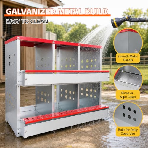6-Compartment Roll Away Chicken Nesting Box for Hens, 32.6 Inch | Metal build, Egg collection tray, Perch, Protective lid, Wall mount, Freestanding setup, Ducks, Backyard coop, Barn supply - size: 32.6"L x 16.9"W x 24.4"H