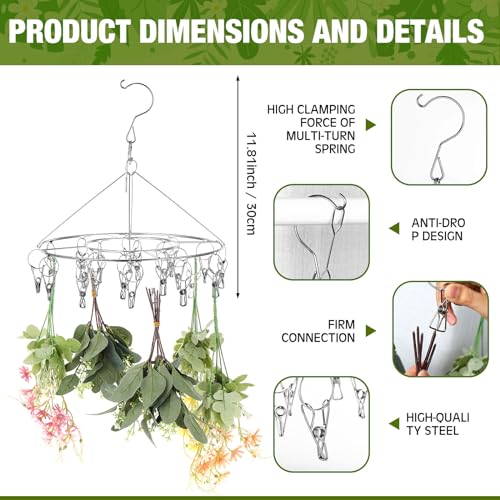 4 Pcs Hanging Drying Rack for Herb Macrame Flower with Stainless Clip Dryer Hook for Drying Herb Air Plants Spices Flower Hydroponic Plant Ready to Use with Ceiling Hook(Round) - style: Round