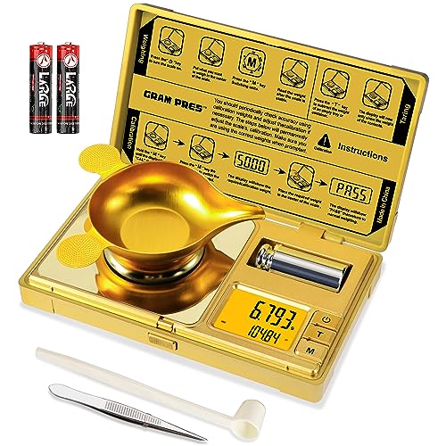 GRAM PRES High Precision Milligram Scale,Digital Mini Pocket Gram Scale | 50g/0.001g Mg Scale For Weighing Powders,Jewelry, Medicine, Gem, Reloading,Gold Scale With Cal Weight, Tweezer And Tray - color: GOLD
