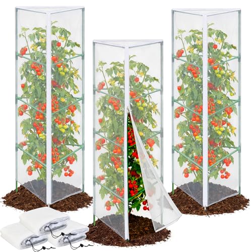 3PCS Garden Bird Netting for Triangle Tomato Cage with Zipper & Drawstring | 55" x 17.7" Inch Reusable Fine Mesh Plant Covers for Tomatoes, Fruits and Climbing Vines - size: 17.7x17.7x55in