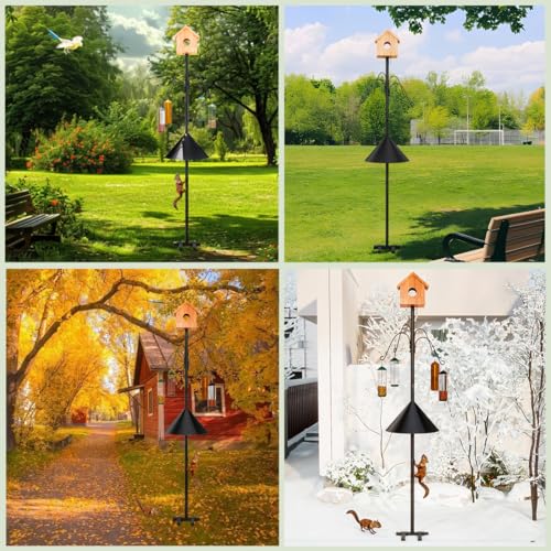 INGIORDAR Bird Feeder Pole with Squirrel Baffle Shepherd Hooks 101.97 in | Bird Feeder Pole with Squirrel Proof Baffle Bird Feeding Station with 4 Shepherd Hooks Garden Yard Bird House Not Included