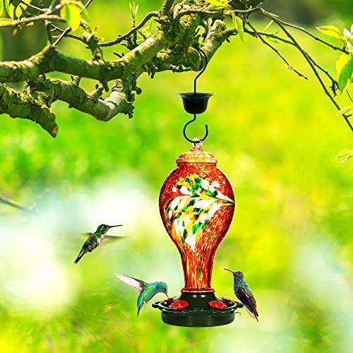 LUJII Hummingbird Feeder for Outdoors, Hand Blown Glass Humming Bird Feeder, Anti Fade Leakproof with 25 Ounces Nectar Capacity, Easy to Install Clean Refill, Include Hook & Ant Moat (Red) - color: Red, size: Small